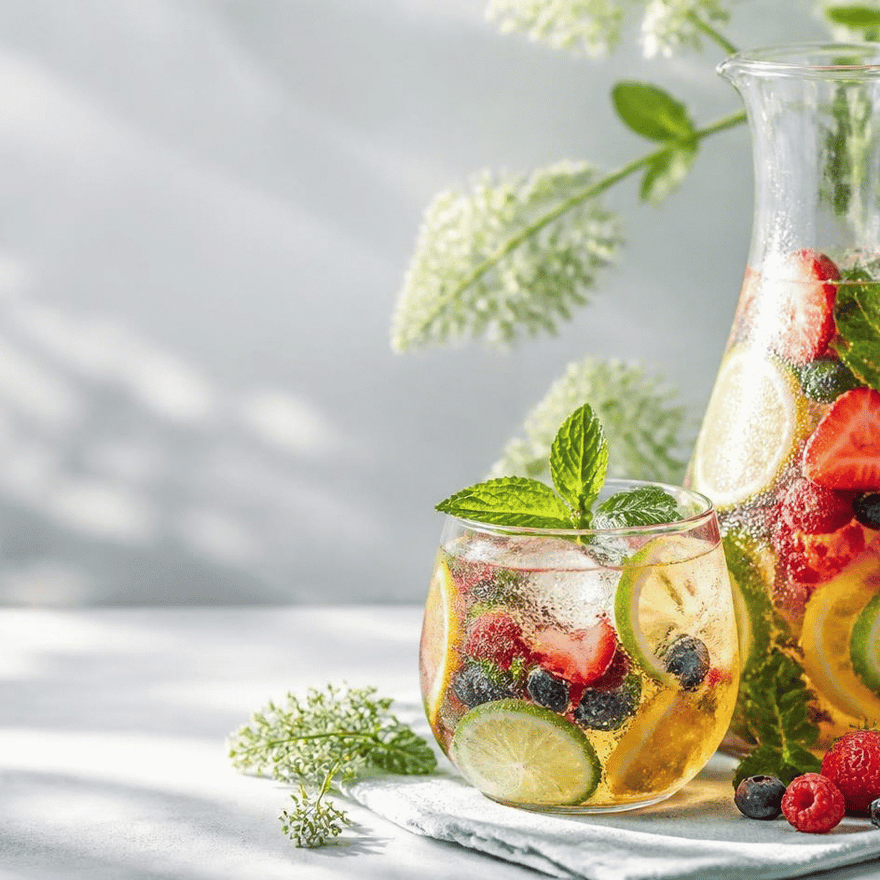 Alkoholfreie Beeren-Bowle mit frischen Beeren in einem großen WECK Tulpenglas mit Glasdeckel.