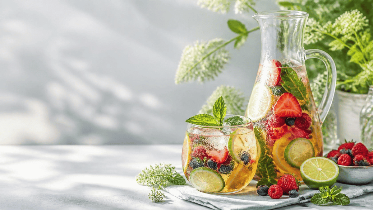 Alkoholfreie Beeren-Bowle mit frischen Beeren in einem großen WECK Tulpenglas mit Glasdeckel.