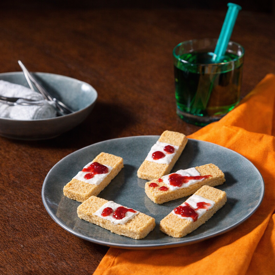 Rechteckige Mürbeteig-Pflaster mit weißem Zuckerguss und roten Marmeladen-Klecksen als Blut, auf einem graublauen Teller neben Verbandsmull und einem grünen Getränk.
