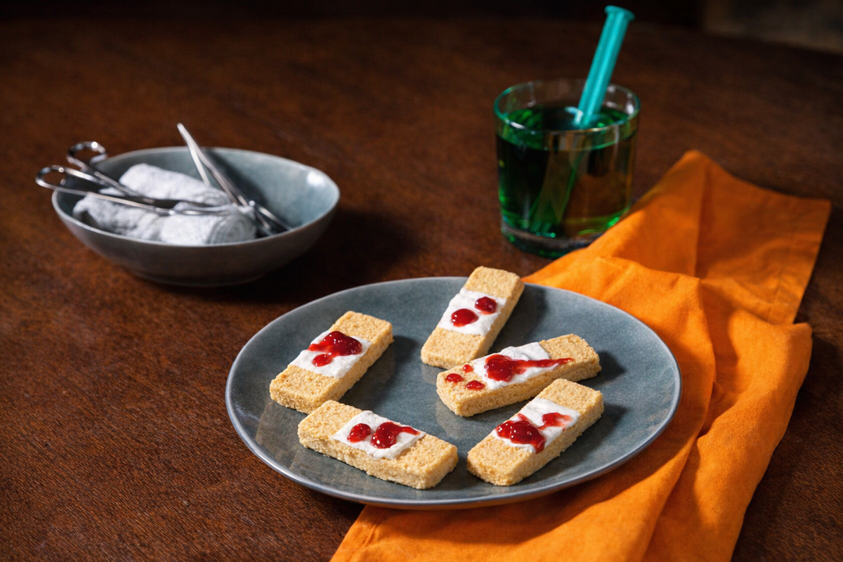 Rechteckige Mürbeteig-Pflaster mit weißem Zuckerguss und roten Marmeladen-Klecksen als Blut, auf einem graublauen Teller neben Verbandsmull und einem grünen Getränk.