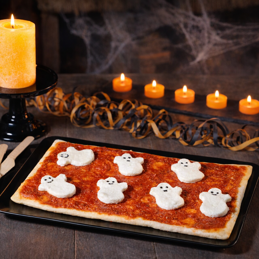 Rechteckige Pizza mit Tomatensauce und weißen Mozzarella-Gespenstern mit schwarzen Augen, auf einem schwarzen Teller neben einer brennenden Kerze.