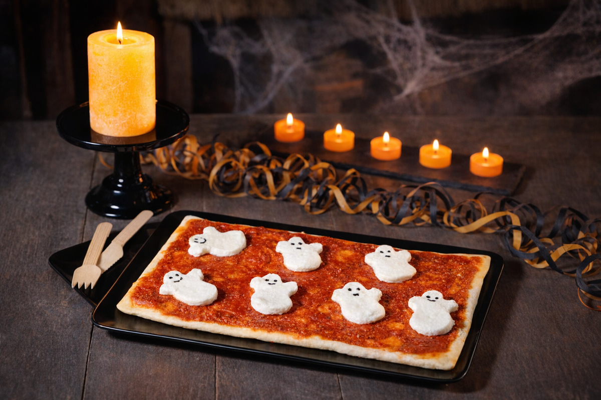 Rechteckige Pizza mit Tomatensauce und weißen Mozzarella-Gespenstern mit schwarzen Augen, auf einem schwarzen Teller neben einer brennenden Kerze.