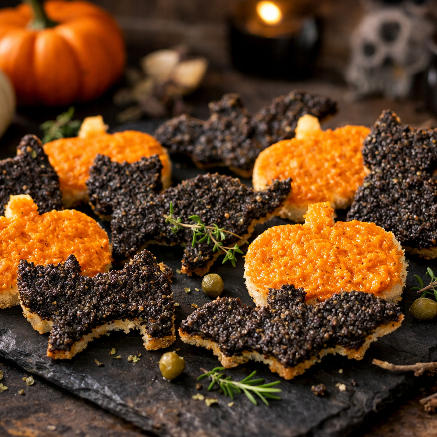 Halloween-Toast mit Süßkartoffel-Aufstrich und Olivenpaste in Katzen-, Kürbis- und Fledermausform.