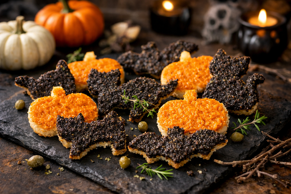 Halloween-Toast mit Süßkartoffel-Aufstrich und Olivenpaste in Katzen-, Kürbis- und Fledermausform.