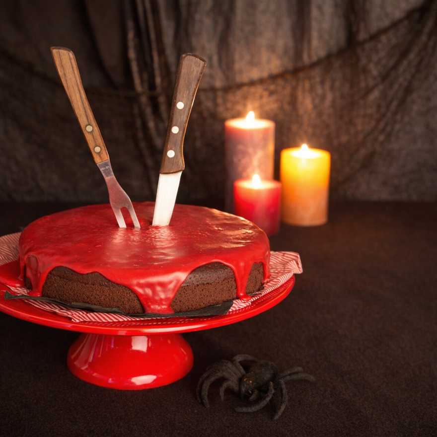 Runder Schokoladenkuchen mit leuchtend rotem, herunterlaufendem Guss auf einem roten Tortenständer, mit Gabel und Messer im Kuchen, dahinter brennende Kerzen.