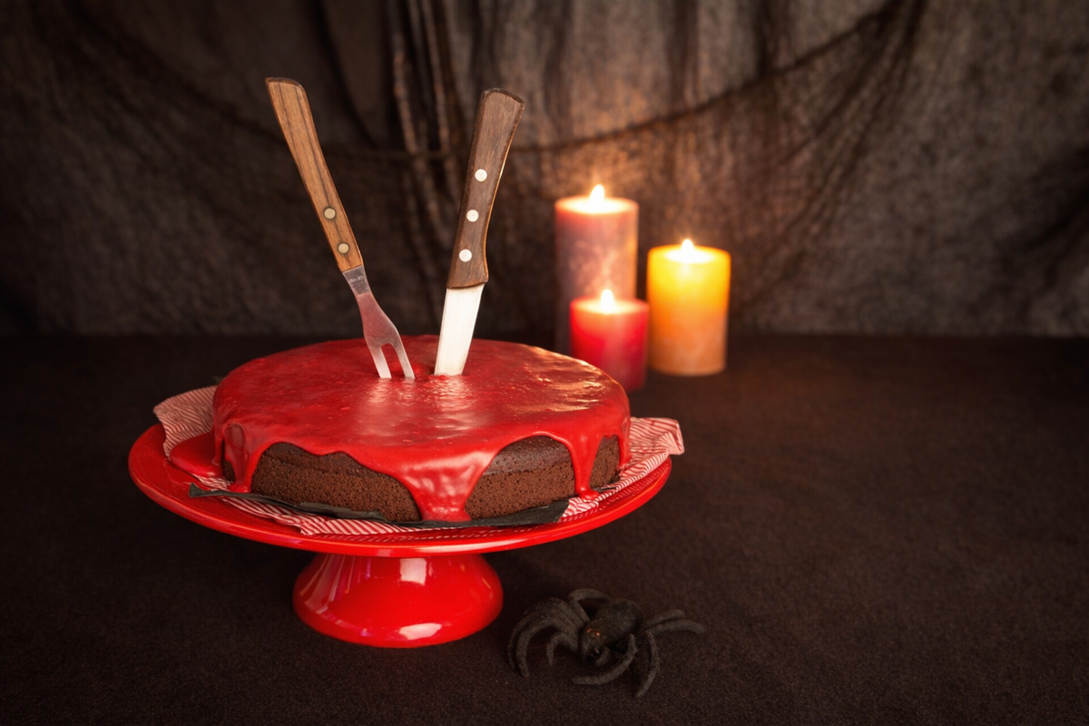 Runder Schokoladenkuchen mit leuchtend rotem, herunterlaufendem Guss auf einem roten Tortenständer, mit Gabel und Messer im Kuchen, dahinter brennende Kerzen.