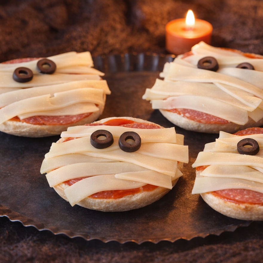 Mini-Brötchen mit Salami und Käsestreifen als Mumienbinden, mit schwarzen Oliven-Augen auf einem dunklen, gewellten Teller.