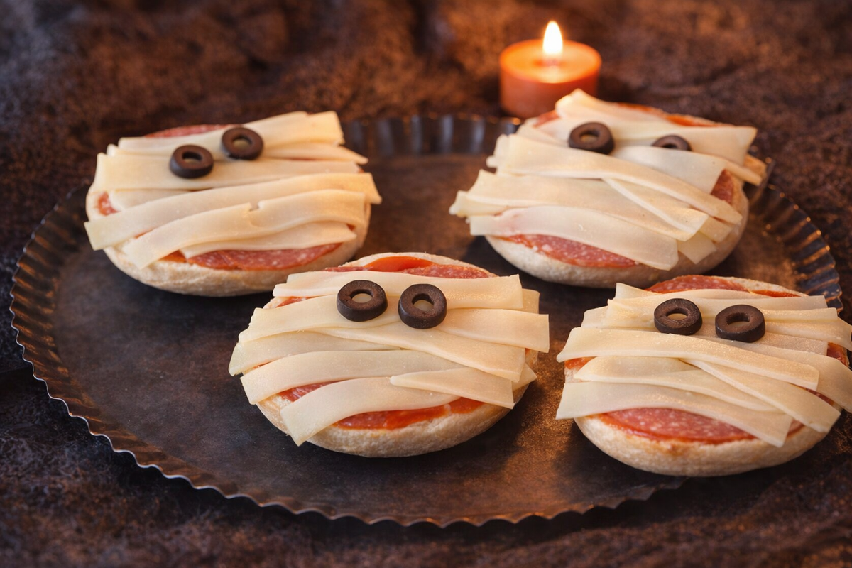 Mini-Brötchen mit Salami und Käsestreifen als Mumienbinden, mit schwarzen Oliven-Augen auf einem dunklen, gewellten Teller.