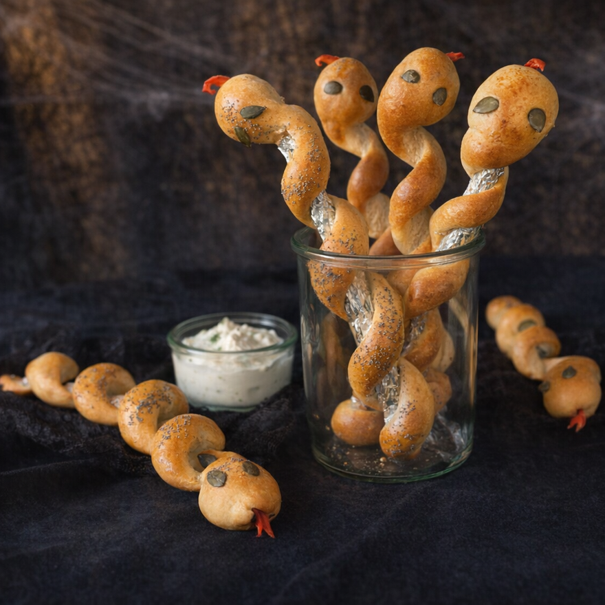 Goldbraune Schlangenbrote mit Mohn und Kürbiskern-Augen, aufrecht in einem Glasbecher, daneben ein Schälchen mit Dip auf schwarzem Samt.