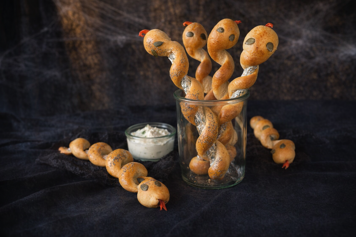 Goldbraune Schlangenbrote mit Mohn und Kürbiskern-Augen, aufrecht in einem Glasbecher, daneben ein Schälchen mit Dip auf schwarzem Samt.