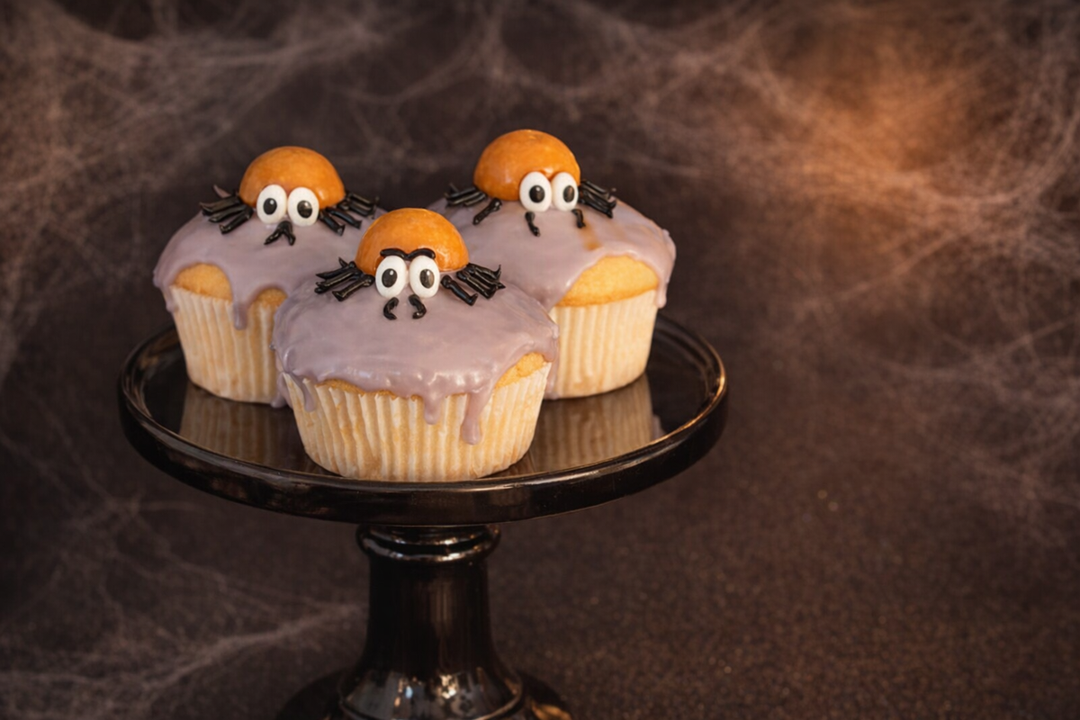 Drei Muffins mit lila Zuckerguss, orangefarbenem Kürbiskopf, Wackelaugen und schwarzen Lakritz-Beinen als Spinnen auf einem schwarzen Tortenständer.
