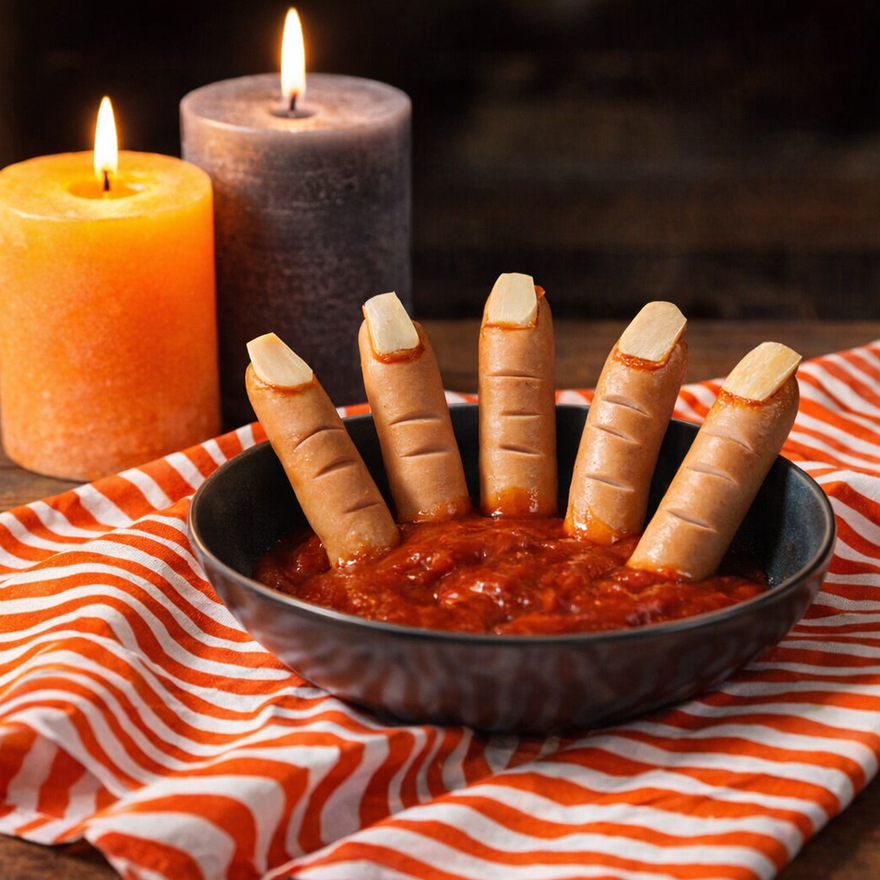 Wiener-Würstchen mit eingeschnittenen Gelenken und Mandel-Nägeln stehen in einer Schale mit Ketchup, daneben brennende Kerzen auf orange-weiß gestreiftem Tuch.