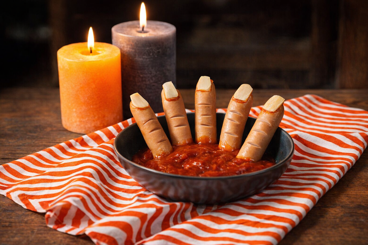 Wiener-Würstchen mit eingeschnittenen Gelenken und Mandel-Nägeln stehen in einer Schale mit Ketchup, daneben brennende Kerzen auf orange-weiß gestreiftem Tuch.