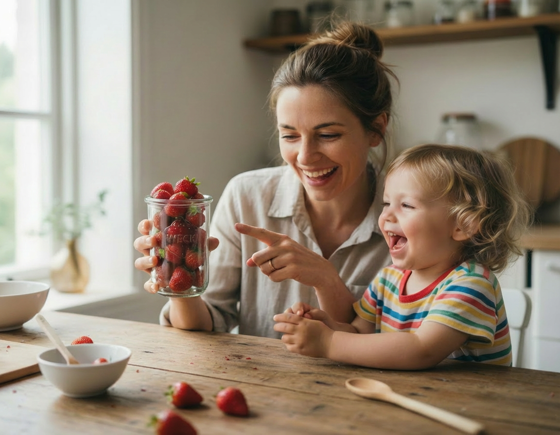 Frau mit Kind mit Weck Glas in der Hand